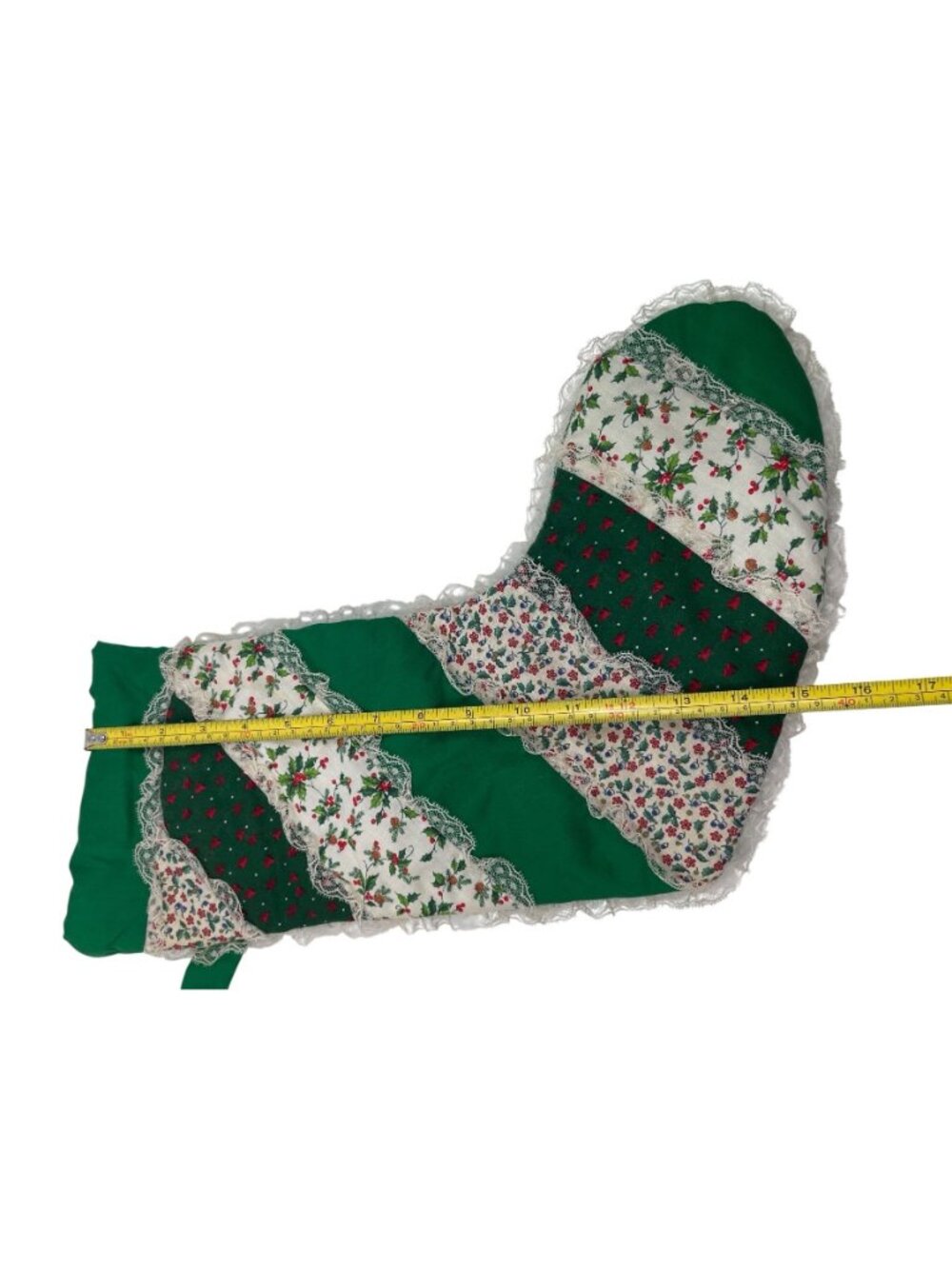 Handmade Vintage Christmas Stocking Green Patchwork Lace Trimmed - Picture 7 of 8